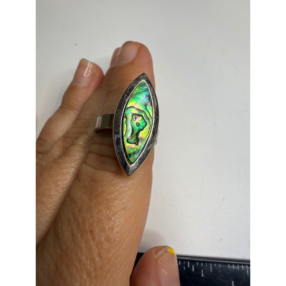 Vintage Abalone Shell Marquise Bypass Ring Silver Tone Size 6.5 Statement Ring